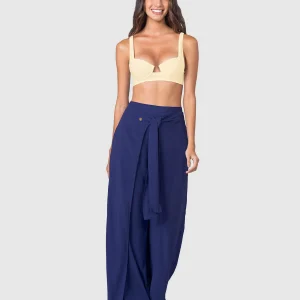 Pantalón tipo lino con tiras anudables en frente y elástico en espalda