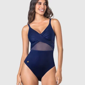 Vestido de baño entero con escote cruzado y tela con brillo