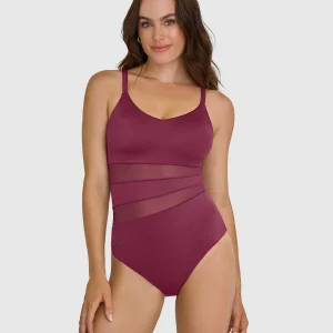 Vestido de baño entero de control con franjas en tul y tela con brillo