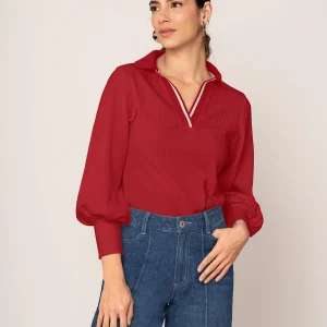 Camiseta manga larga con cuello tejido y tela acanalada