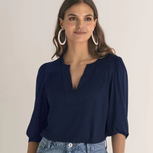 Camiseta manga 3/4 con recogido en hombros