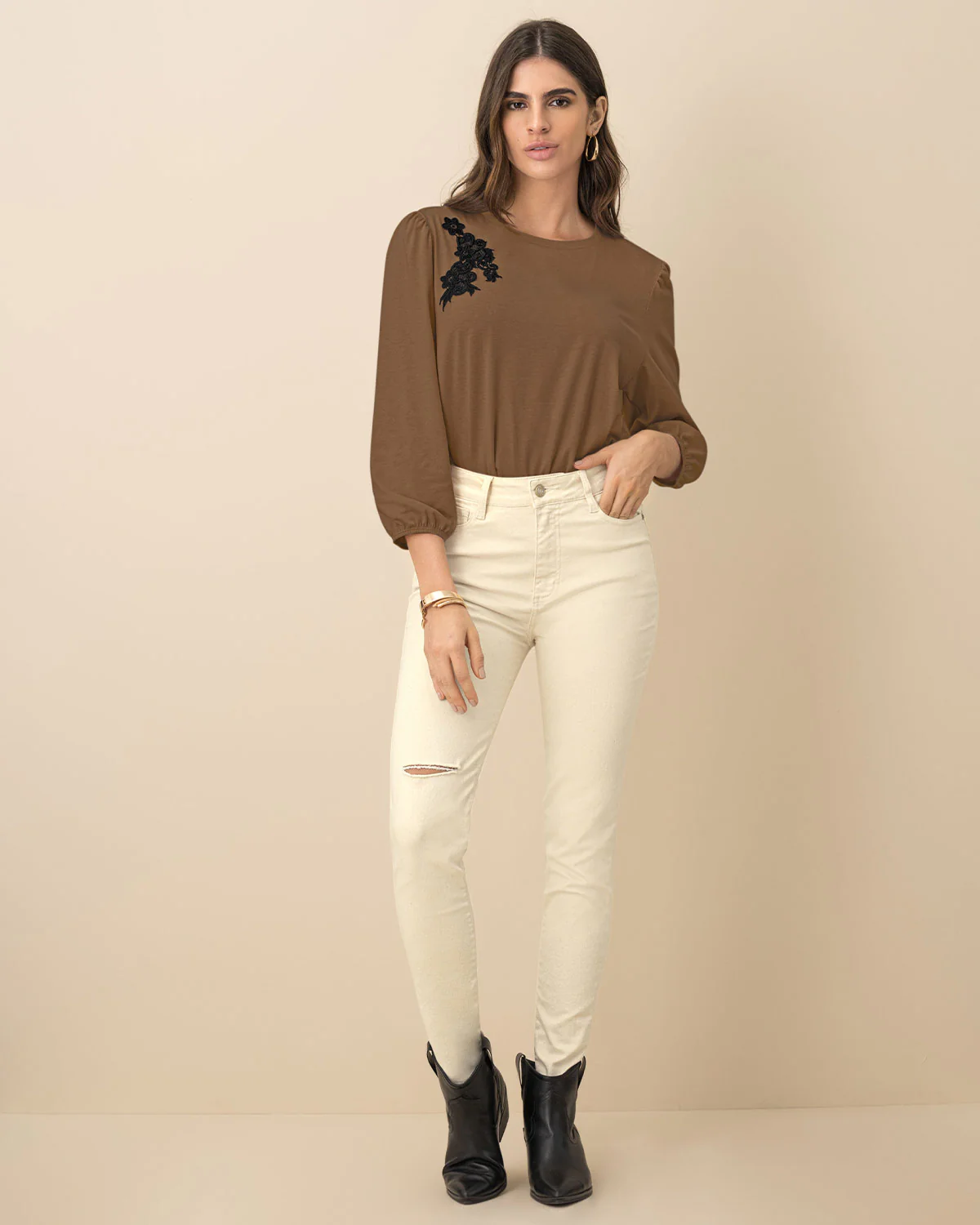 Camiseta manga 3/4 con aplique bordado - Imagen 3