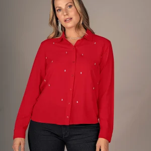 Blusa manga larga con botones funcionales en frente y apliques brillantes