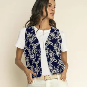 Chaleco manga sisa abierto en tela bordada