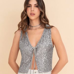 Chaleco de lentejuelas con tiras para anudar en frente